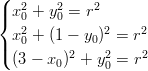 ( |{ x20 + y20 = r2    2           2    2 |( x0 + (1 − y0) =  r   (3 − x0)2 + y20 = r2       