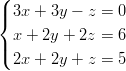 (| 3x + 3y − z =  0 {   x + 2y + 2z =  6 |( 2x + 2y + z =  5  