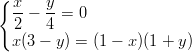 { x    y   2-−  4-= 0   x(3 − y) = (1 − x)(1 + y)  