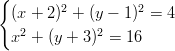 {   (x + 2)2 + (y − 1)2 = 4    2         2   x +  (y + 3 ) = 16  