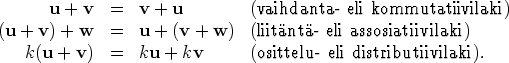      u + v  =   v + u         (vaihdanta- eli kommutatiivilaki)
(u+  v) + w  =   u + (v + w)   (liitnt-eli assosiatiivilaki)
  k(u + v)  =   ku +  kv      (osittelu- eli distributiivilaki).
