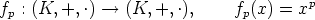                                       p
fp : (K, +,.)-- > (K, +, .),     fp(x) = x
