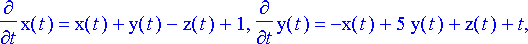 diff(x(t),t) = x(t)+y(t)-z(t)+1, diff(y(t),t) = -x(...