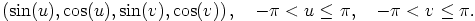 (sin(u),cos(u),sin(v), cos(v)) ,  − π < u ≤ π,   − π < v ≤ π.
