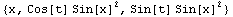 {x, Cos[t] Sin[x]^2, Sin[t] Sin[x]^2}