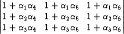 ||                             ||
|1 + a1a4  1 + a1a5   1 + a1a6|
||1 + a2a4  1 + a2a5   1 + a2a6||
|1 + a3a4  1 + a3a5   1 + a3a6|