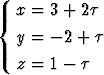    x = 3 + 2t
{
   y = - 2 + t
   z = 1 - t