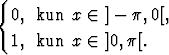 {
  0, kun x  (-  ] - p,0[,

  1, kun x  (-  ]0,p[.